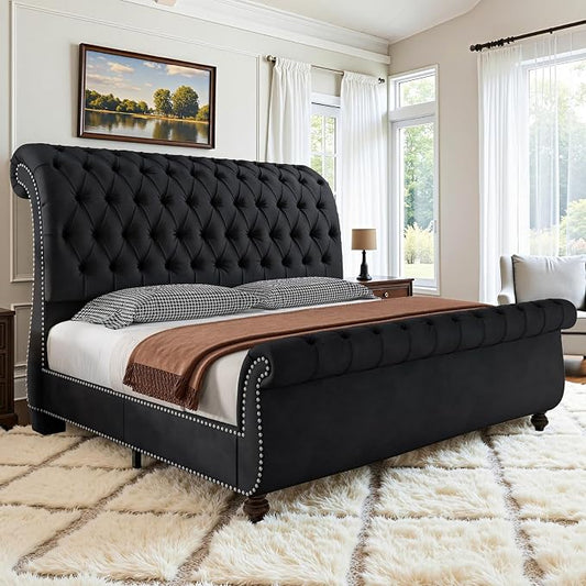 AMERLIFE 55" Sleigh Bed Frame, Black, Queen | Velvet Upholstered Platform, Scroll Headboard & Footboard, Deep Button Tufted, Solid Wood Legs, No Box Spring Needed