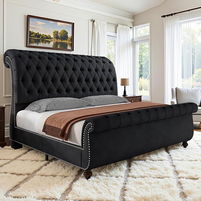 AMERLIFE 55" Tall Sleigh Bed Frame with Scroll Headboard & Footboard, Velvet Upholstered Platform Bed with Deep Button Tufted, Solid Wood Legs, No Box Spring Needed (Black, King)