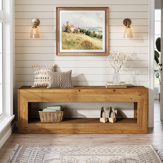 Solid Wood Entryway Bench, 47" Rustic Farmhouse Indoor Bench Seat with Storage Shelf for Entrance, Hallway, End of Bed (Light Brown)