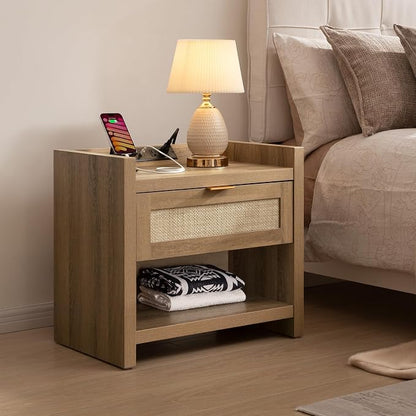 SICOTAS Night Stand Bed Side Table - Rattan Nightstand with Type-C Charging Station,Drawer Storage End Table - Boho Bedside Night Stands for Bedroom - Natural Oak