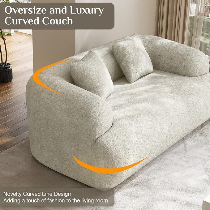 Half Moon Curved Sectional Sofa with 2 Throw Pillows, Modern Style 2-Seater Chenille Leisure Couch with Curved Backrest, Easy Assembly, for Apartment, Living Room, Bedroom, Cream White（76 inch）