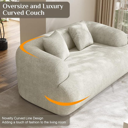 Half Moon Curved Sectional Sofa with 2 Throw Pillows, Modern Style 2-Seater Chenille Leisure Couch with Curved Backrest, Easy Assembly, for Apartment, Living Room, Bedroom, Cream White（76 inch）