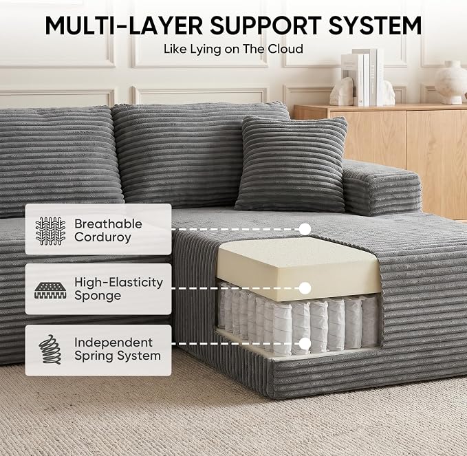 Boneless Couch, 102.4" Sectional Couches for Living Room with L Shape Sofa | Cloud Couch Sectional with Chaise, Modular Cloud Sofa with Deep Seat, No Assembly, Beige, Corduroy, Right Chaise