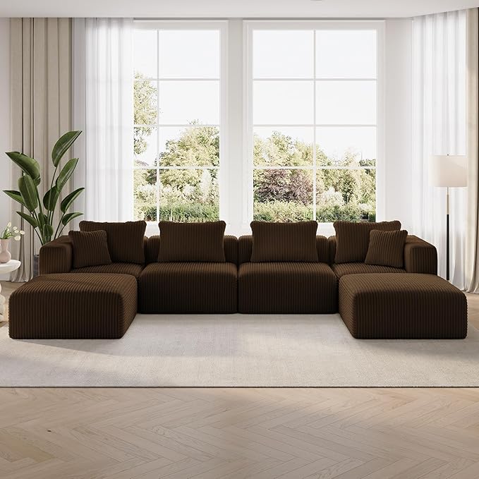 Novilla 141" Modular Sectional Sofa, Modern Cloud Sectional Couch with Smarts Coil® Support, U-Shape Boneless Couch for Living Room Apartments, No Assembly Required, Brown (4 Seat w/ 2 Ottoman)