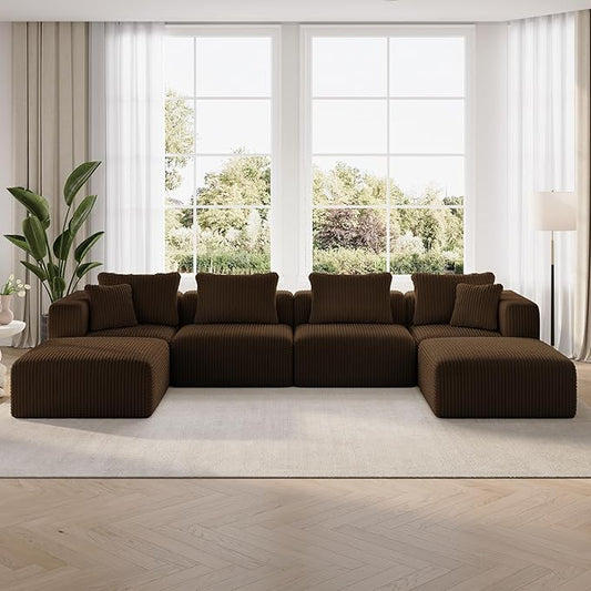 Novilla 141" Modular Sectional Sofa, Modern Cloud Sectional Couch with Smarts Coil® Support, U-Shape Boneless Couch for Living Room Apartments, No Assembly Required, Brown (4 Seat w/ 2 Ottoman)