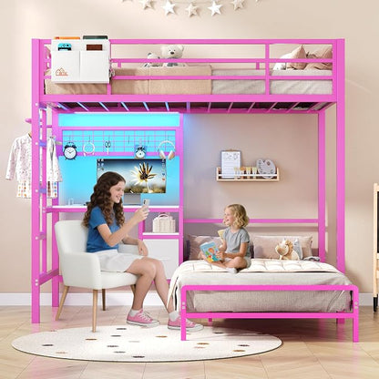 DICTAC Bunk Bed Twin Over Twin with Desk and Storage Metal L-Shaped Bunk Beds with Led Lights & Charging Station,Pink bunk Beds for Kids with Safety Guardrail and Ladder,Girls Bed,No Box Spring Needed