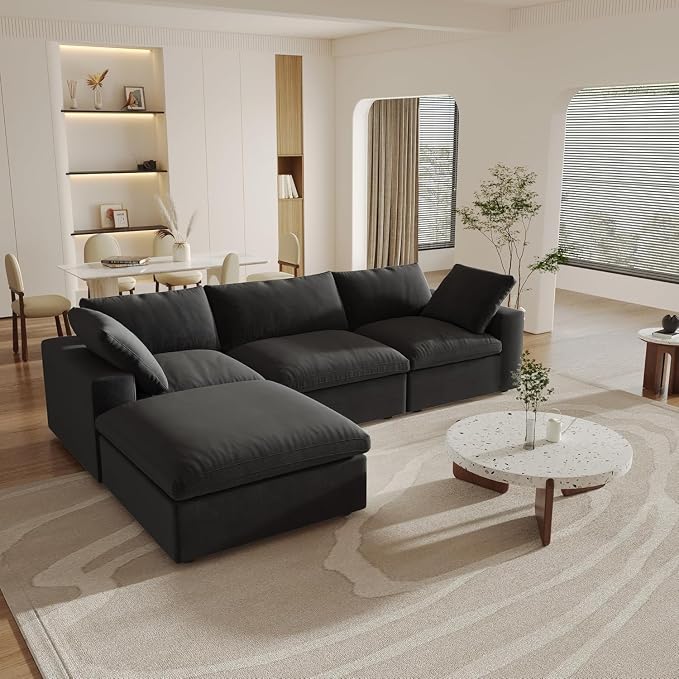 L Shaped Cloud Modular Sectional Sofa with Storage Ottoman for Living Room | Modular Setional Sofa, Covers Washable&Replaceable, Black