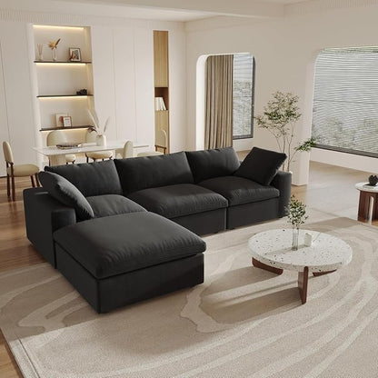 L Shaped Cloud Modular Sectional Sofa with Storage Ottoman for Living Room | Modular Setional Sofa, Covers Washable&Replaceable, Black