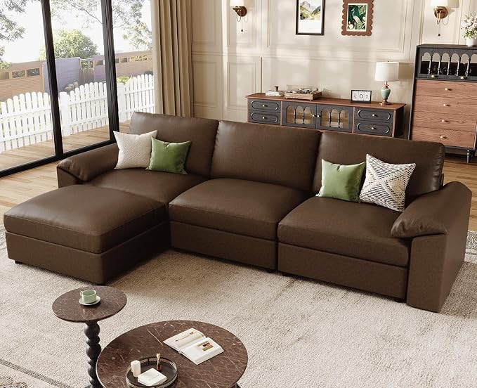 EASE MOOSE Leather Sectional Couch, Oversized Modular Sectional Sofas, Vintage Wide Deep Seat Modular Couch, Scratch Resistant Faux Leather Material, L Shaped Sofa for Big Spaces,Deep Brown
