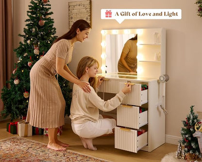 AMERLIFE 36.2" Fluted Vanity Desk with Mirror and Adjustable LED Lights, Large 4 Drawers Makeup Vanity Table with Glass Top and Charging Station for Women and Girls, Bedroom or Dorm, White
