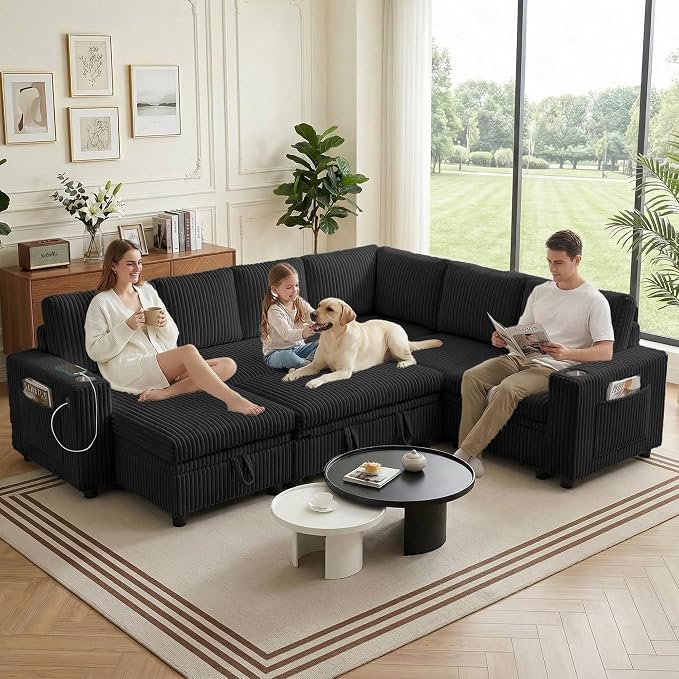 Sectional Sleeper Sofa with Pull Out Bed, 7-Seat L-Shaped, Black | Modular cloud couch with plush corduroy, hidden storage, USB charging, cup holders – Perfect for family movie nights