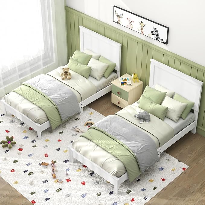 Giantex Wood Twin Bed Frames with Headboard, Mid Century Platform Bed Frame with Solid Wood Legs & Wooden Slat Support, Twin Bed Frames for Kids Adults, White Bed