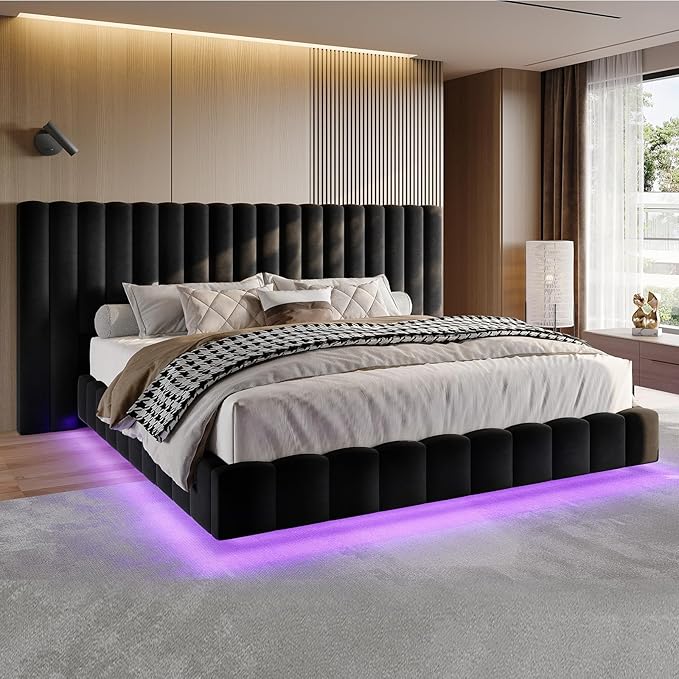 Jocisland King Size Bed Frame with 100" Wide Upholstered Headboard, Modern Velvet Floating Platform with LED Lights Underneath, No Box Spring Needed, Black