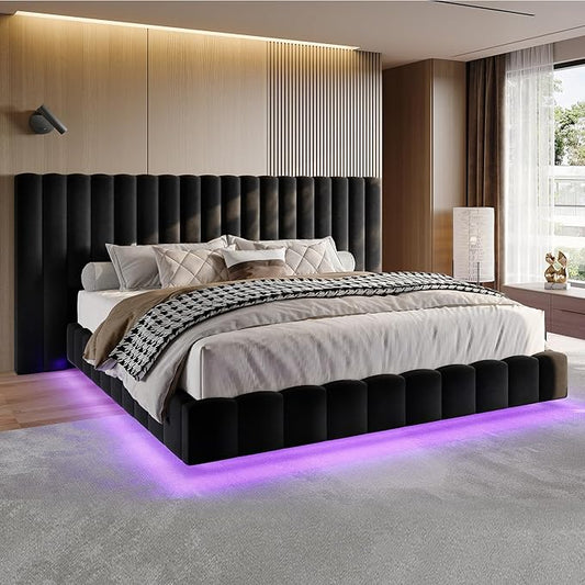 Jocisland King Size Bed Frame with 100" Wide Upholstered Headboard, Modern Velvet Floating Platform with LED Lights Underneath, No Box Spring Needed, Black