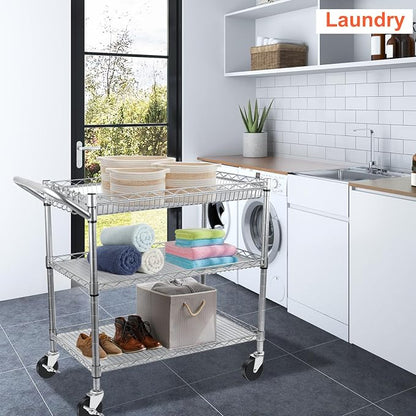 BolDuck Heavy Duty Utility Cart, 990Lbs Capacity 3 Tier Rolling Carts with Wheels, Kitchen Cart on Wheels with Storage, Commercial Grade Metal Serving Carts with Wire Shelving &Handle Bar, Silver