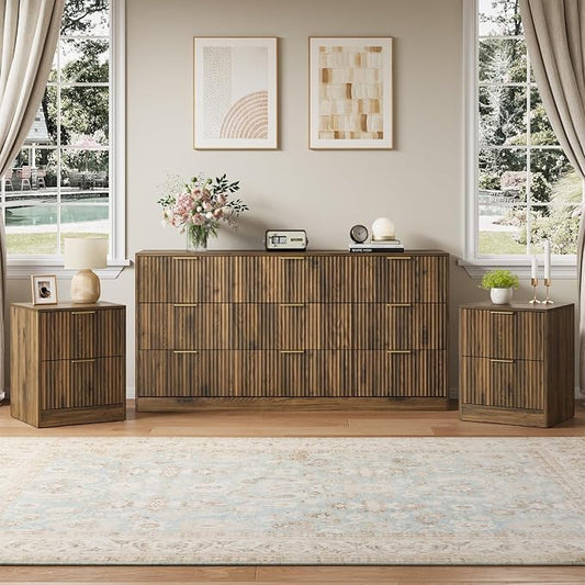 9 Drawer Dresser & Nightstand Set 3-Piece, 63” Wide Walnut Bedroom Dresser and Night Stand Set of 2, Fluted Modern Wood Chest of Drawers Storage Dressers Set for Bedroom, Walnut