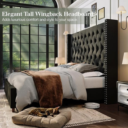 Jocisland King Bed Frame 61.4" Tall Headboard Velvet upholstered,Black | Full Back Support Wingback Headboard,Deep Button Tufted Hand-crafted Pleats,Squeak-Free Sleep,Solid Wood Legs,Easy Assembly