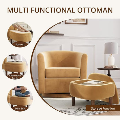 Swivel Accent Chair with Storage Ottoman Set of 2, Small Modern Velvet Barrel Chair, Upholstered Armchair with Footrest for Living Room/Reading/Bedroom, 24.8'' D x 25.38'' W x 25.6'' H, Yellow