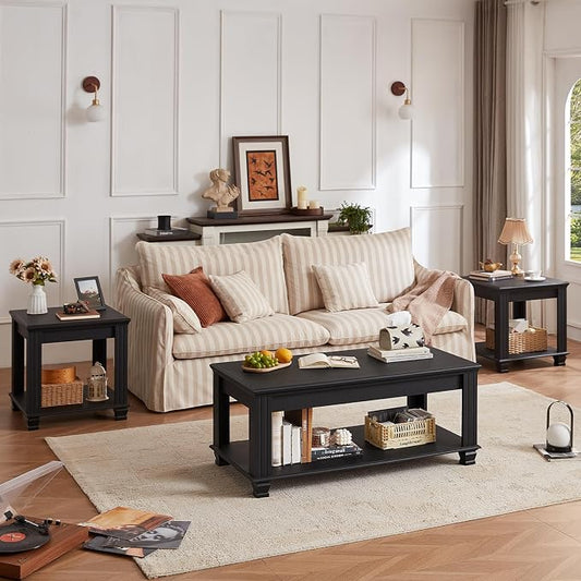 SAVOR LIFE Farmhouse Coffee Table Set of 3,Rustic Wooden Living Room Table Set,Large Coffee/End Side Tables with Open Shelf for Living Room,Black