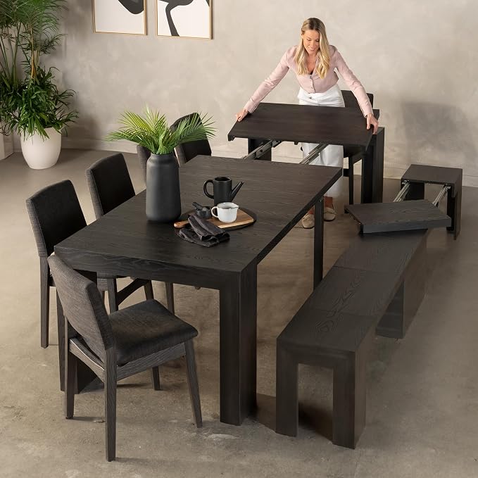 Transformer Table - Solid Wood Extendable Dining Table, Seats 2-12, Expandable Dining Room Table, Space-Saving Furniture, Kitchen and Dining Room Furniture (Black, Table + Bench + 4 Chairs)