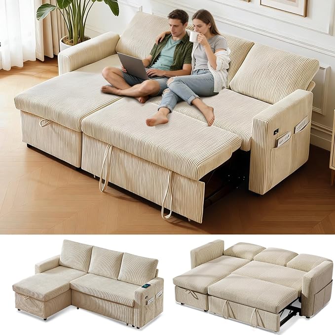 WEUP 82" L Shaped Sectional Sleeper Sofa Bed with Pull Out Bed, Sectional Sleeper Couch Pull Out Couch with Reclining Backrest/Reversible Storage Chaise/USB Ports/Tool-Free Assembly, Corduroy Beige