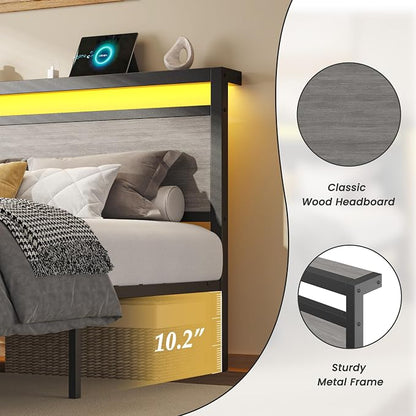 HISOFT Queen Bed Frame with Storage, Wood Headboard with Fast Charging Station, LED Lights, Platform Bed Frame Queen Size, Fabric Drawers with Wheels, No Box Spring Needed, Noise Free, Rustic Grey