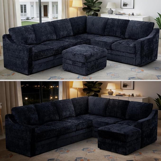 115 Inches Chenille Sectional Sofa with Storage Ottoman, Modern 7 Seats Corner Couch with Deep Seat, Comfy Modular U Shaped Couch with Comfortable Cushions for Living Room, Blue