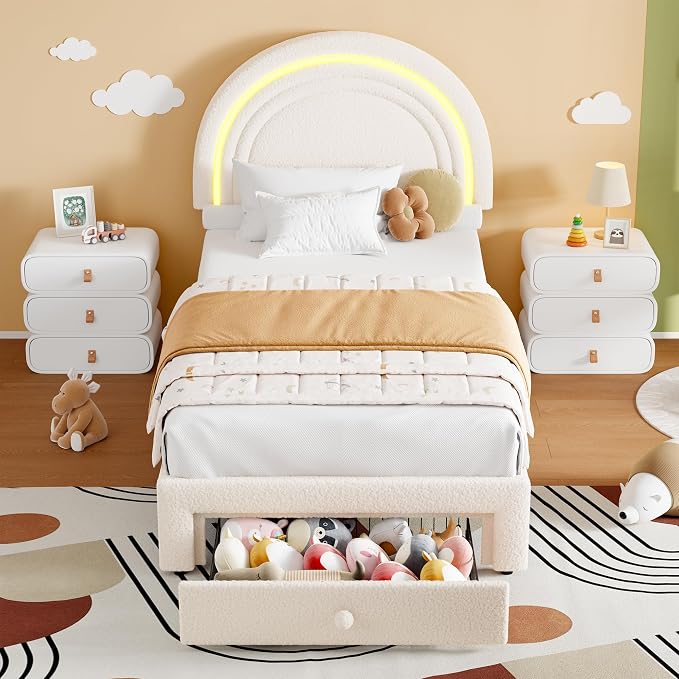 GarveeHome Twin Upholstered LED Bed Frame - with Storage Drawer and Rainbow Headboard, Berber Fleece Princess Platform Bed for Kids, Solid Wood Slat Support, No Box Spring Needed, Easy Assembly, Beige