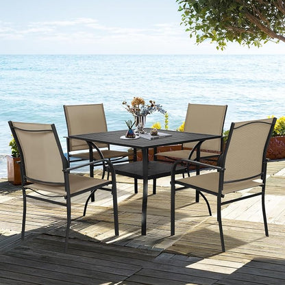 SUNCROWN 6 - Piece Outdoor Dining Set, Patio Furniture Set with 4 Textilene Dinning Chairs, 1 Steel Slat Metal Bistro Table and 1 Sky Blue 9Ft Patio Umbrella for Lawn Garden Backyard Deck, Brown