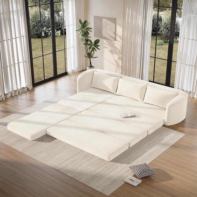 Vesgantti 6 in 1 Convertible Folding Sleeper Sofa Bed, 110.2" Modular Sectional Sofa with Curved Armrest, Chenille Boneless Couch for Living Room, No Assembly Required, Beige, Left Facing Chaise
