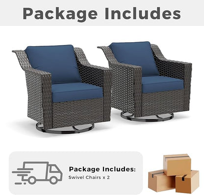 Patio 2 Pieces Wicker Swivel Chairs Set of 2，Outdoor PE Rattan Rocking Glider Armchairs, Water-Resistant Cushions with Removable and Washable Covers, Porch, Balcony, Sunroom (Navy Blue)