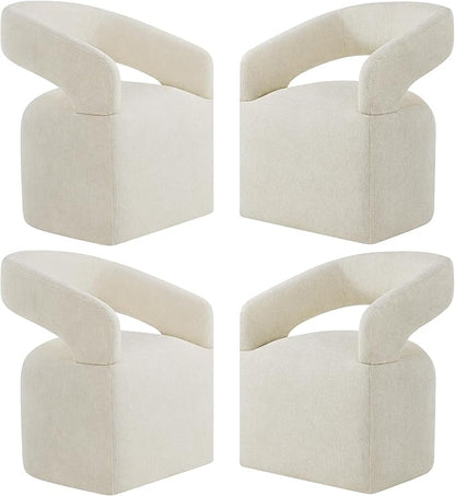 KISLOT Upholstered Dining Chairs Set of 4, Modern Rolling Dining Chairs with Hidden Casters, Arm Kitchen Chairs with Linen Look Fabric, Padded Barrel Chairs for Dining Room, Kitchen, Cream Beige