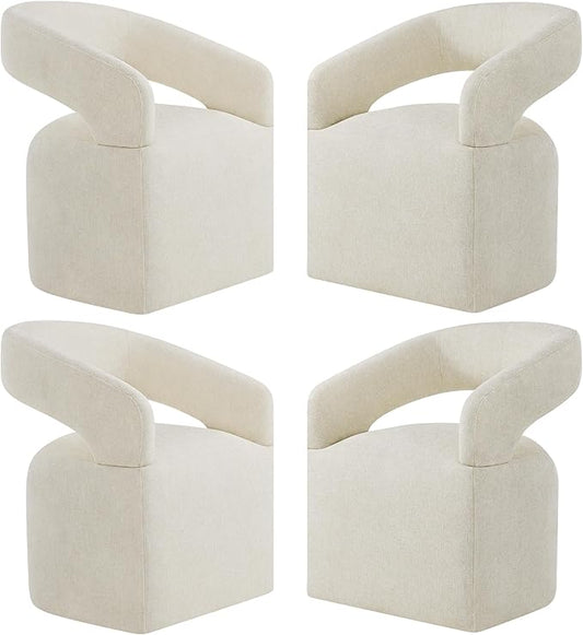 KISLOT Upholstered Dining Chairs Set of 4, Modern Rolling Dining Chairs with Hidden Casters, Arm Kitchen Chairs with Linen Look Fabric, Padded Barrel Chairs for Dining Room, Kitchen, Cream Beige