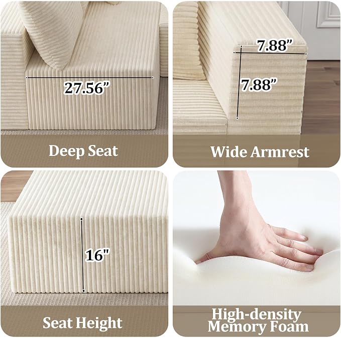 118" U-Shaped Modular Sectional Sofa Set,Soft Corduroy Cloud Couch with Chaise & Ottoman,Deep Seat Boneless Couches for Living Room,No-Assembly - Beige (Left Facing Chaise)