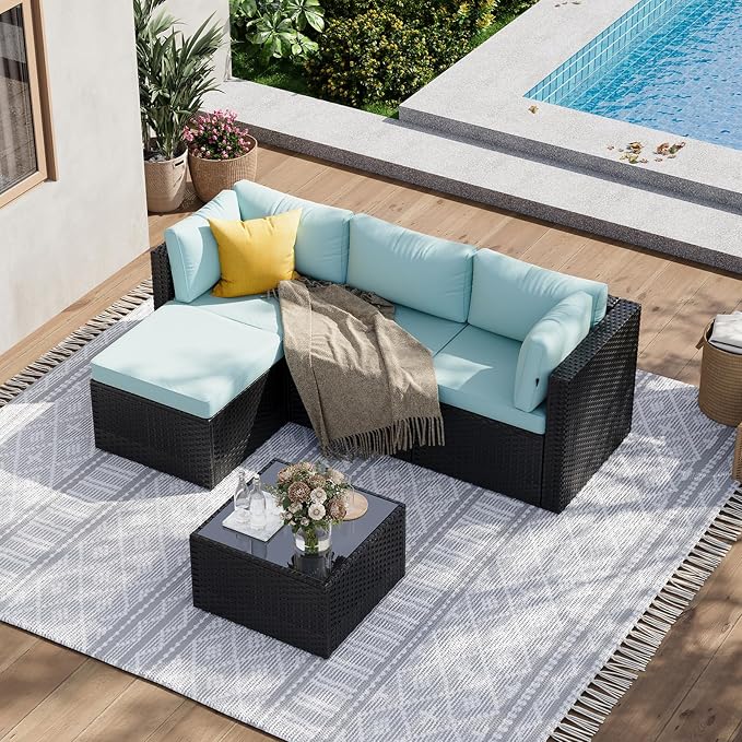 Aoxun Patio Furniture Set 5-Piece, Outdoor Sectional Sofas with Washable Cushion, Wicker Rattan Patio Conversation Sets for Backyard Porch and Poolside, Mint Blue