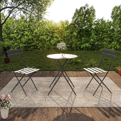 Bistro Table Set, 3 Piece Grey Folding Patio Furniture Set with 2 Chairs and Coffee Table Outdoor Indoor Balcony Seating for Garden Yard Patio Porch