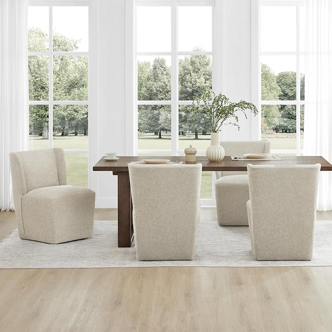 KISLOT Upholstered Dining Chairs Set of 4 with Casters, Wingback Modern Side Armless Deskchair with Rollers for Diningroom Bedroom Livingroom Reading Room, Sand Fabric