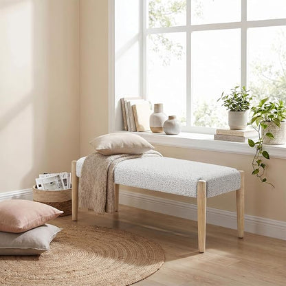 Usaint 42" End of Bed Bench, Modern Upholstered Bedroom Bench with Rubberwood Legs, Entryway Bench with Cushion, Dining Bench for Living Room, Bedroom, Heathered Off-White with Oak Leg