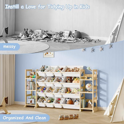 EXPERLAM Extra Large Toy Storage - Toy Storage Organizer, Wooden Toy Organizer with 6 Side Shelves and 16 Bins, 3-in-1 Bookshelf for Kids Rooms, Playroom, Nursery, White