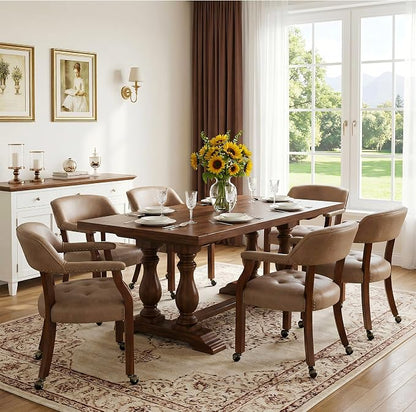 LEEMTORIG Set of 2 Dining Chairs with Casters and Arms, Rolling Dining Chairs with Wheels for Elderly, Ergonomic Wide Seat Wood Office Chair, 26" Dx25.2 W, Cherry Legs&Yellow Brown Fabric SY-1533-LT