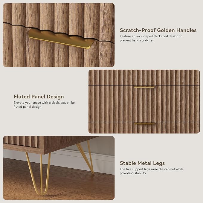 Fluted 6 Drawers Dresser for Bedroom, Wood Dressers with Scratch-Proof Golden Handles, Natural Curved Profile, Modern Double Chest for Living Room, Hallway, Entryway, Natural Oak