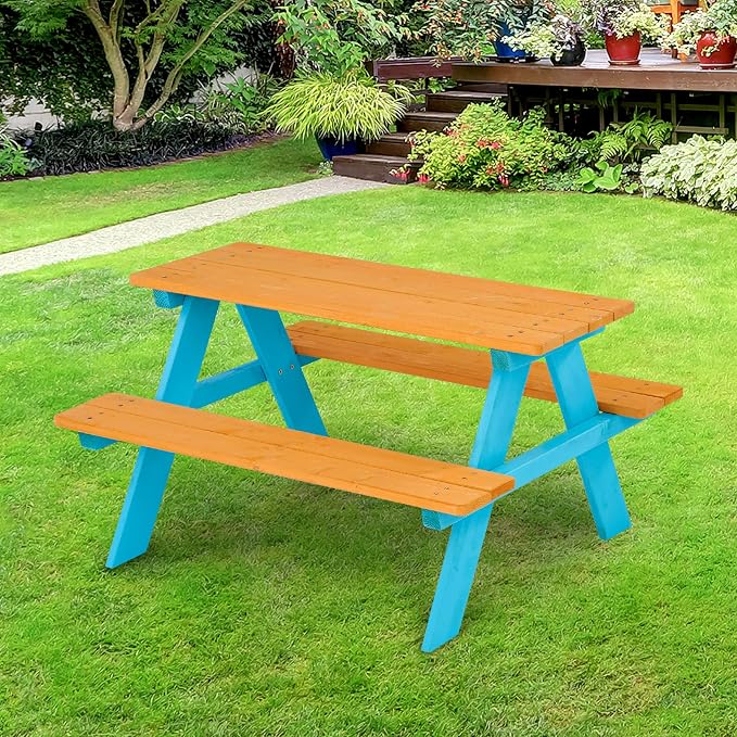 Teamson Kids - Wooden Outdoor Child Children Kids Picnic Table & Chair Bench Set - Brown/Aqua | Weather-Resistant Pine Wood, Seats 4 Children, Ideal for Backyard, Patio, Garden