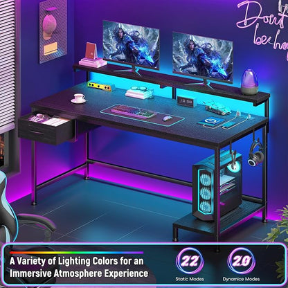 DurayLoly 39.3" Gaming Desk with Power Outlet and LED Lights,Computer Desk with Adjutable Monitor Stand and Drawer,Office Desk with CPU Stand for Home Work,Study and Gaming, Small Spaces,Black