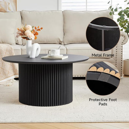 31.5" Round Coffee Table, Modern Fluted Accent Center Table with Metal Frame, Wooden Circle Coffee Tables for Living Room Small Space or Office (Black)