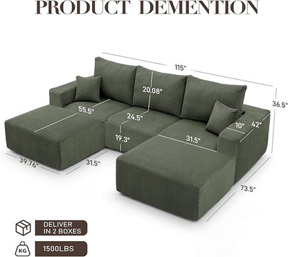 Living&Giving 115" Modular Cloud Boneless Couch, U Shaped Sectional Sofa with Chaise, Corduroy Floor Couch for Living Room, High-Density Foam & Firm Lumbar Support for Apartment,Green