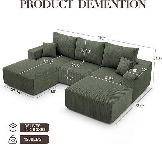 Living&Giving 115" Modular Cloud Boneless Couch, U Shaped Sectional Sofa with Chaise, Corduroy Floor Couch for Living Room, High-Density Foam & Firm Lumbar Support for Apartment,Green