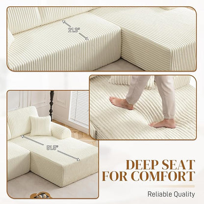 110" L Shaped Boneless Sectional Couches for Living Room, Comfy Corduroy Floor Cloud Sofa with Chaise, Wide Armrest, Deep Seat, Memory Foam, Assembly Free, Ideal for Small Spaces, Beige