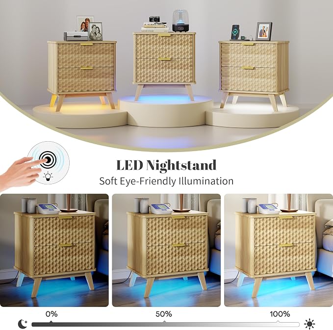 LVSOMT Smart Nightstand with Charging Station and LED Lights, 23.62" Wide Night Stand with 2 Drawers, Motion Sensor Motion-Activated Underlight, Honeycomb Bedside Table for Bedroom, Natural Oak