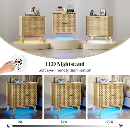 LVSOMT Smart Nightstand with Charging Station and LED Lights, 23.62" Wide Night Stand with 2 Drawers, Motion Sensor Motion-Activated Underlight, Honeycomb Bedside Table for Bedroom, Natural Oak