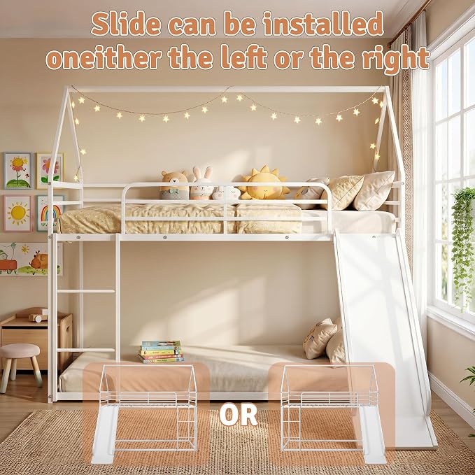 Bunk Bed with Slide, Twin Over Twin Bunk Bed with Ladder and Guardrail, Space Saving & Heavy Duty House Loft Bed for Kids, No Box Spring Needed(White)